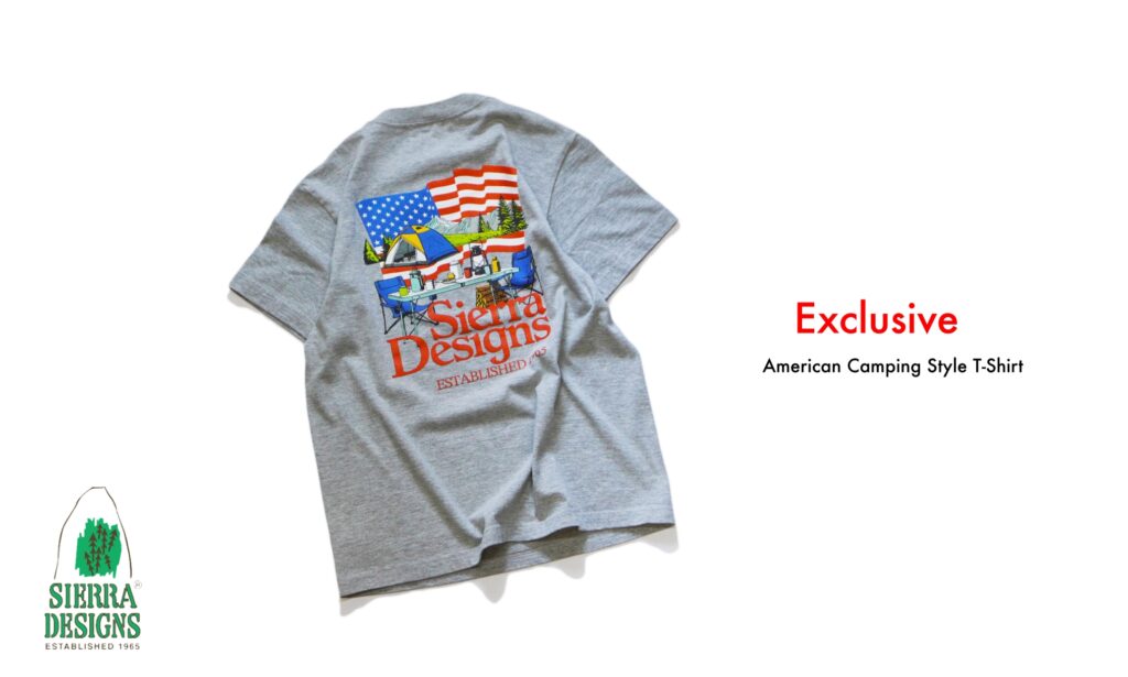 老舗アウトドアブランド”SIERRADESIGNS”より、どこか懐かしいグラフィックプリントを落とし込んだ別注Tシャツをご用意しました。